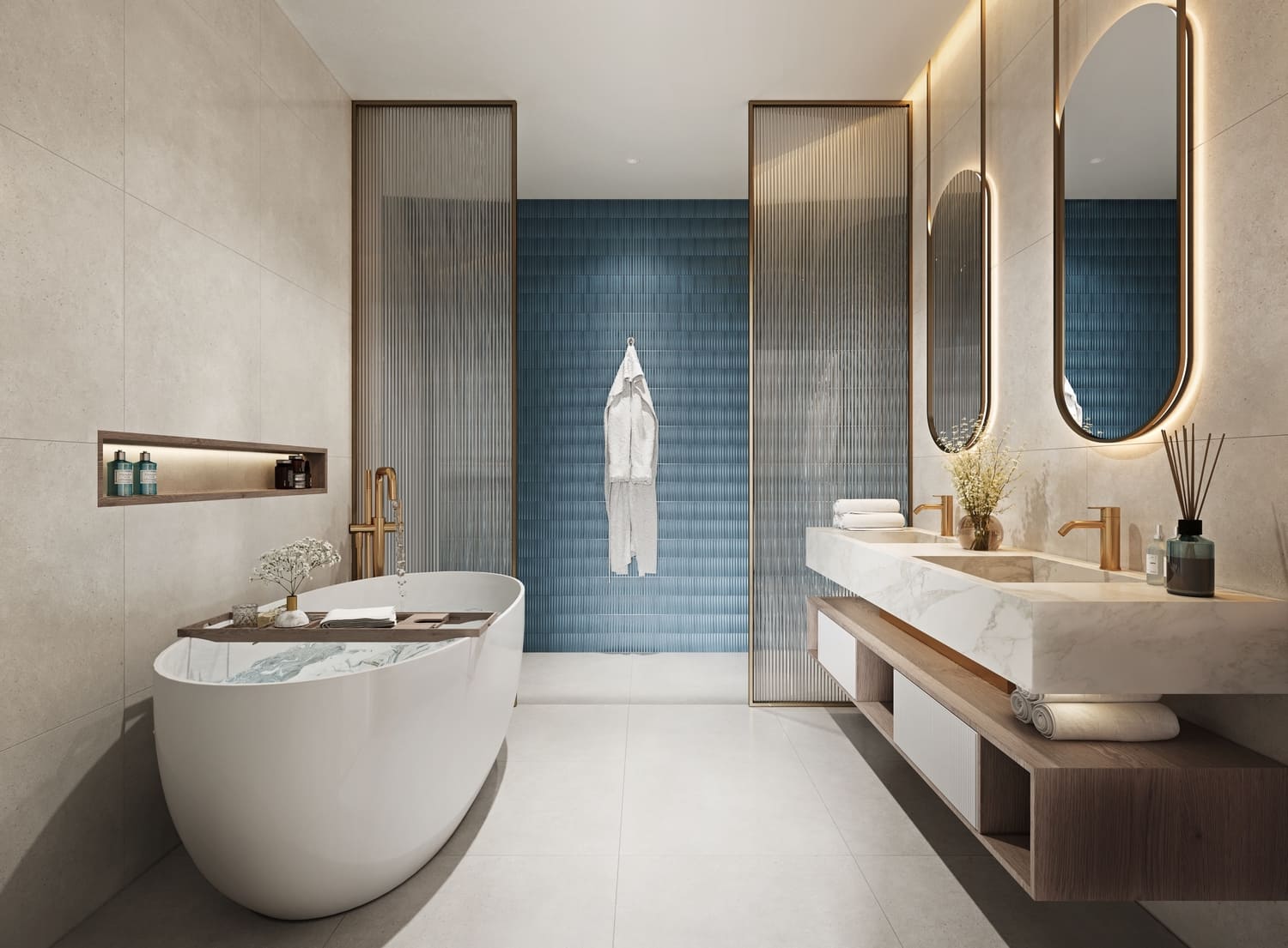 Refined contemporary bathroom with stone surfaces and a blue accent wall
